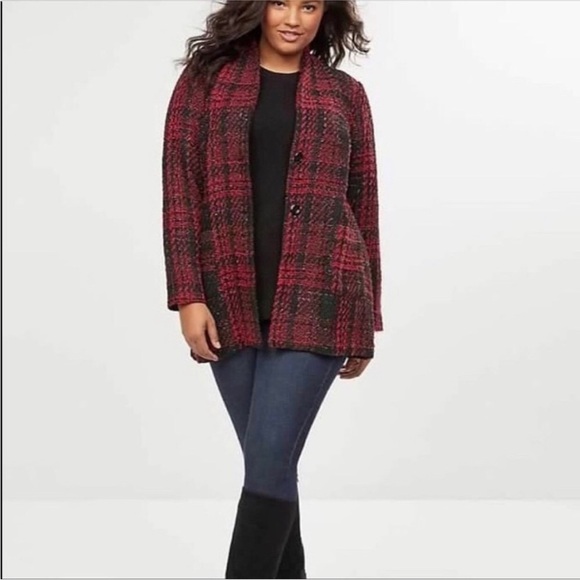 Lane Bryant Tweed Shimmer Blazer Plaid Jacket Boucle Red Size 26/28 - Picture 3 of 16